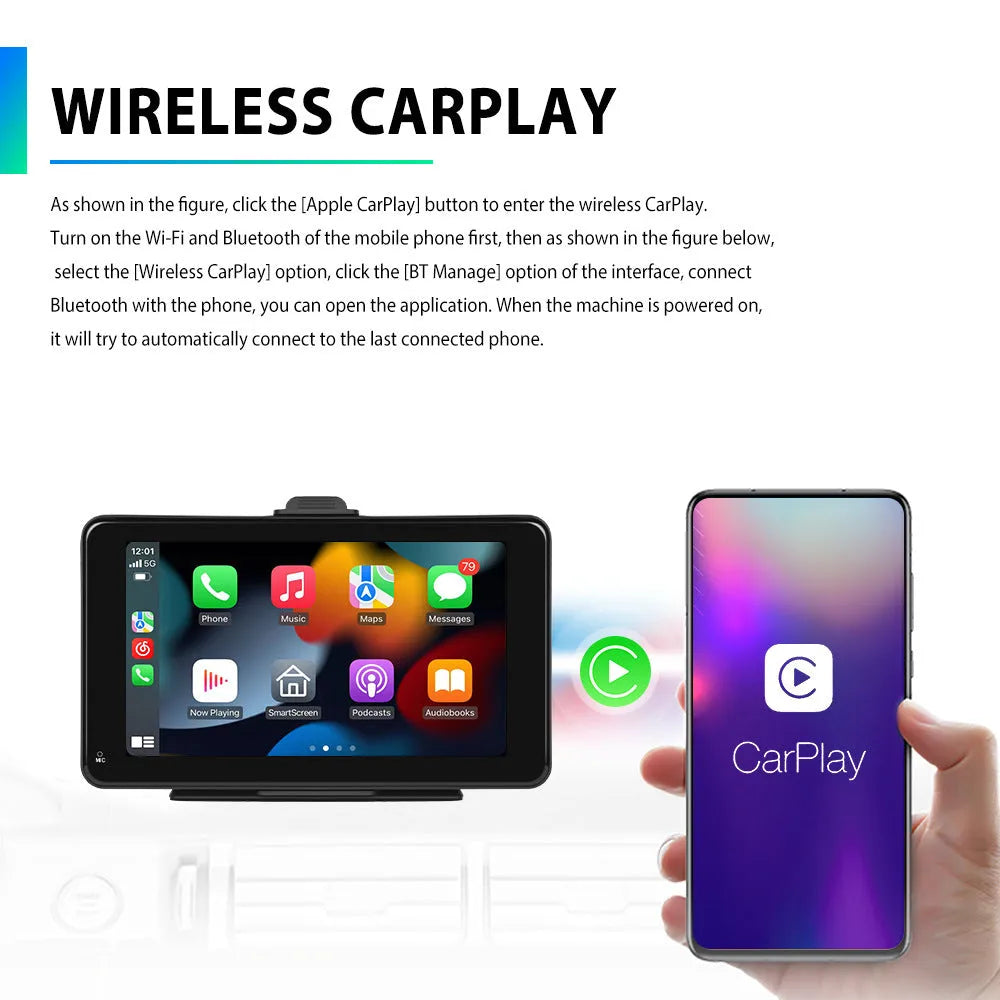 7-inch HD wired car screen player with universal dashboard mounting bracket and connection cables