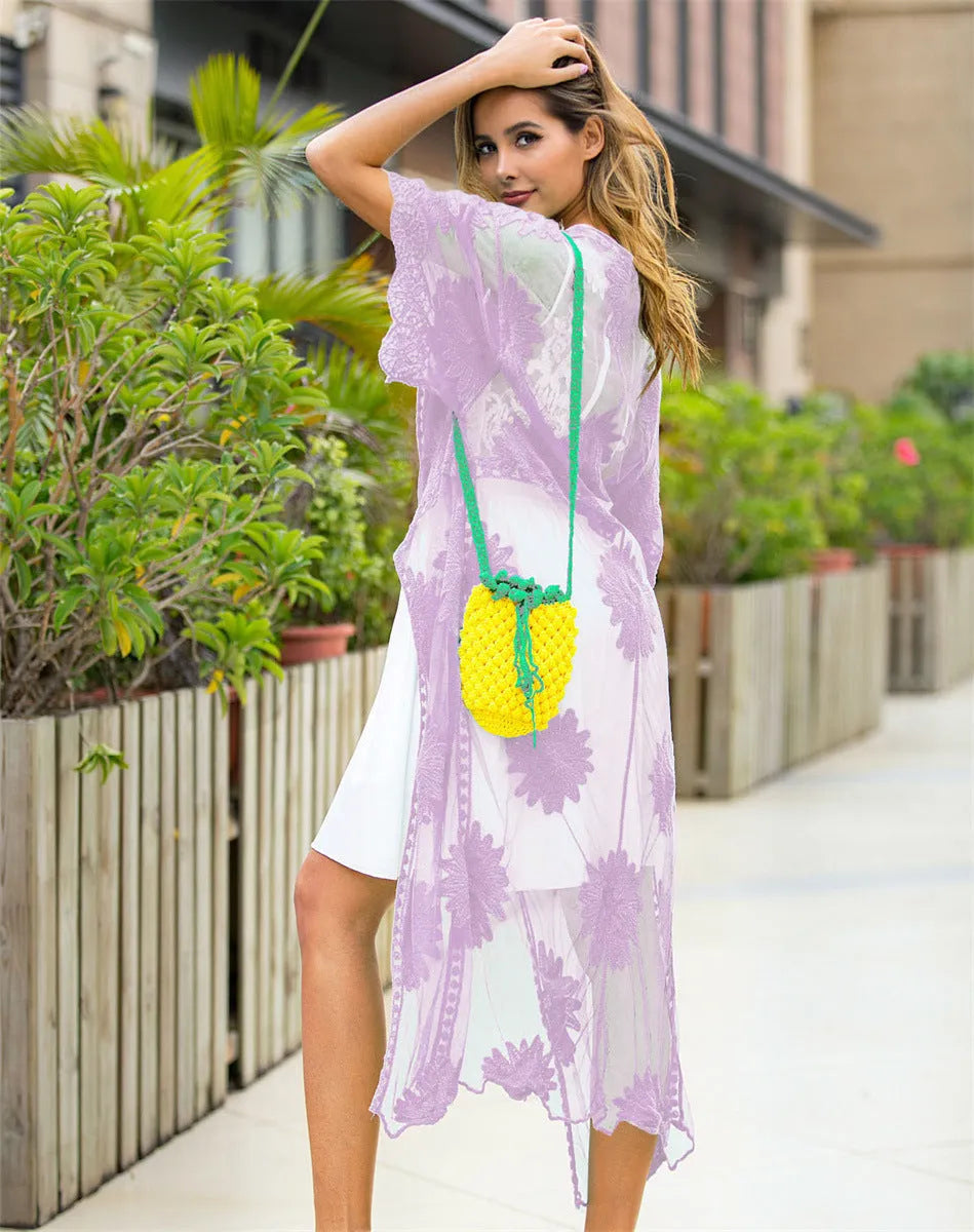 Light purple women's beach dress cardigan with lace embroidery for swimming cover-up
