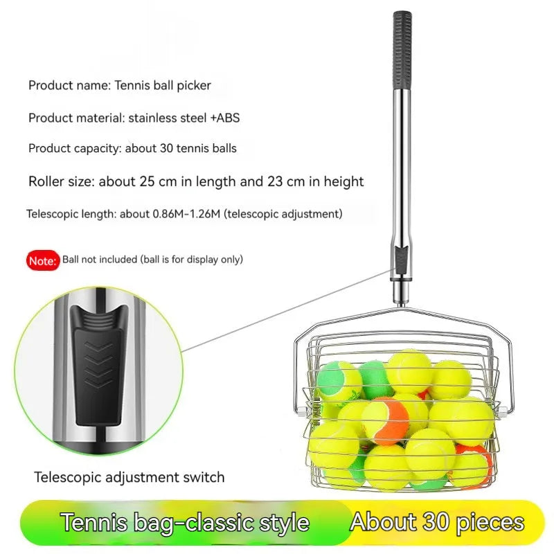 Stainless steel tennis ball picker roller device for court collection with adjustable mechanism
