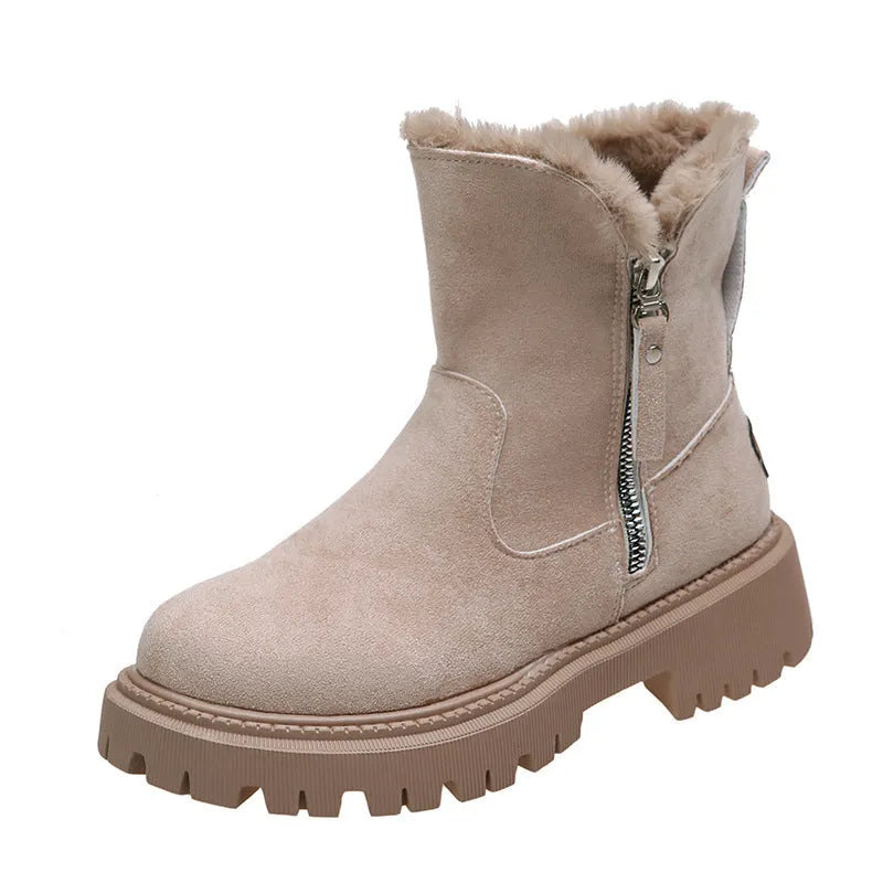 Black women's high-top snow boots with side zipper, faux suede upper, and non-slip rubber sole.