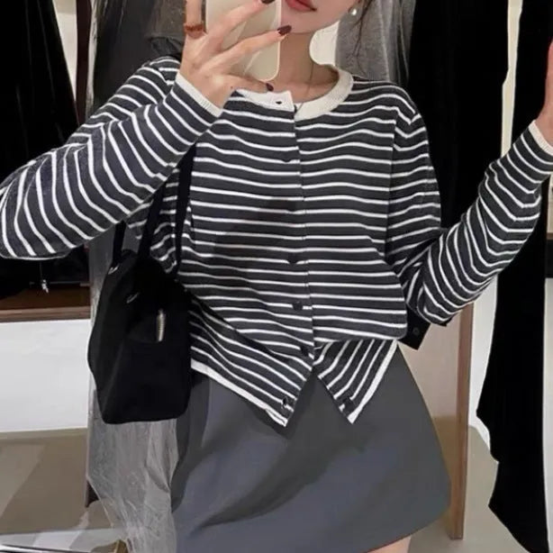Dark grey and white striped women's slim-fit cardigan coat with long sleeves.