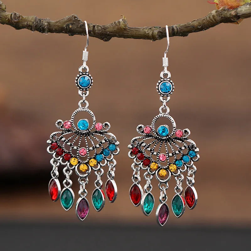Long purple fringe drop earrings with retro crystal ethnic style design and alloy construction