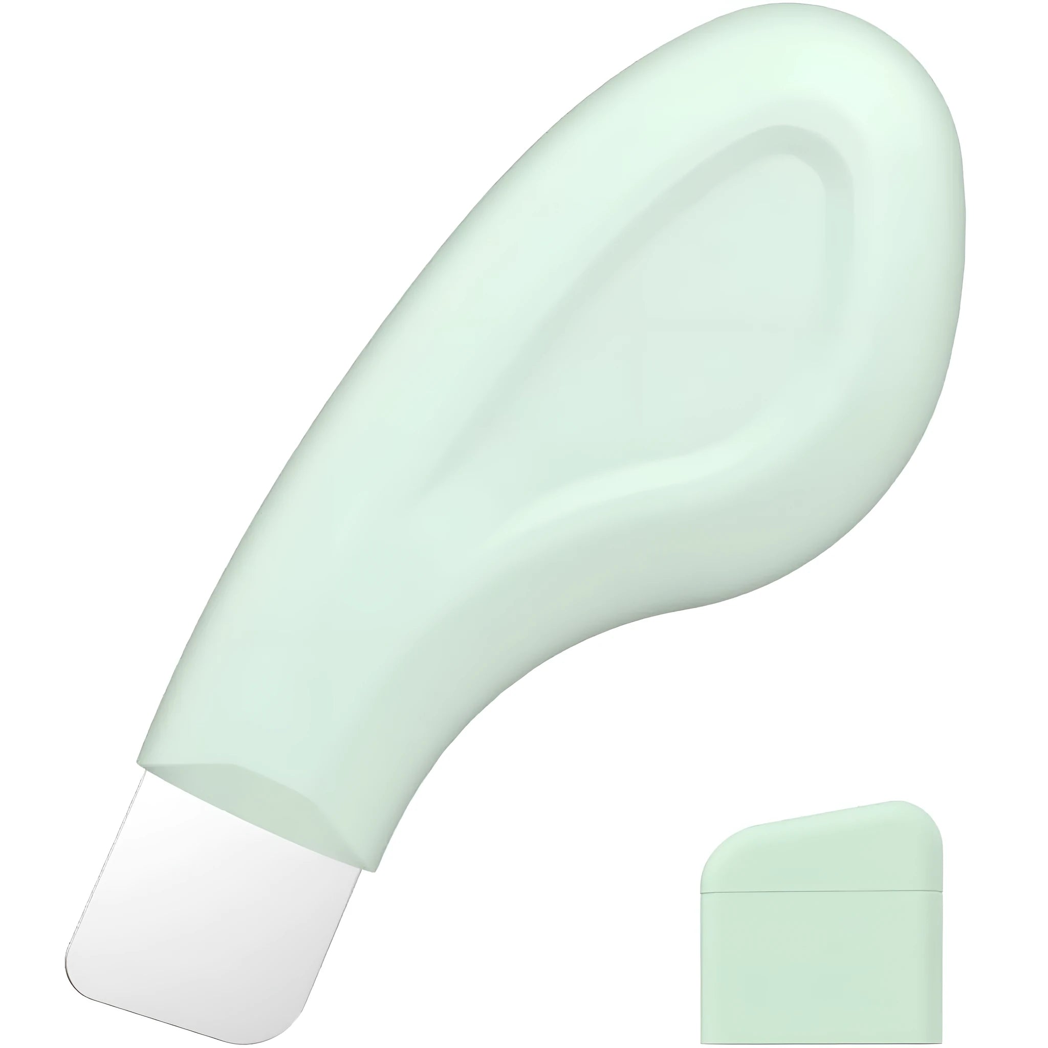 Green stainless steel blackhead scraper tool with a non-slip silicone handle on a white background.