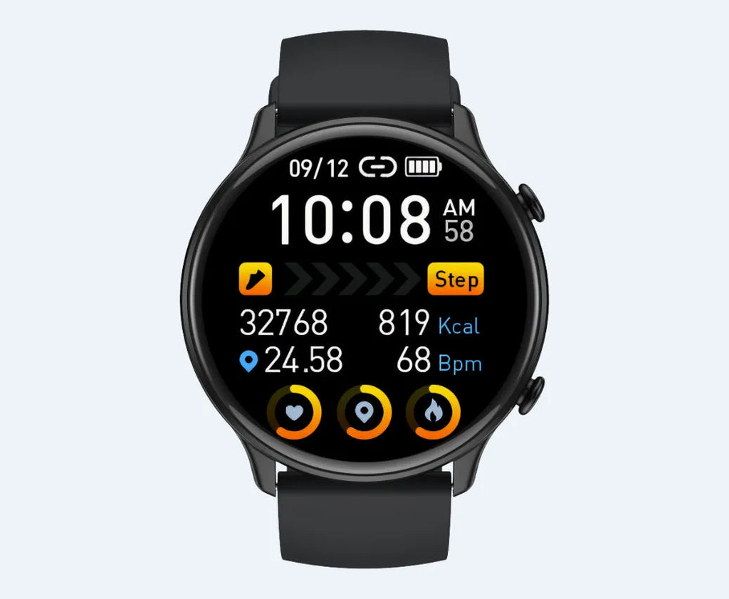 Round smart sports watch with touch screen and silicone strap showing heart rate display