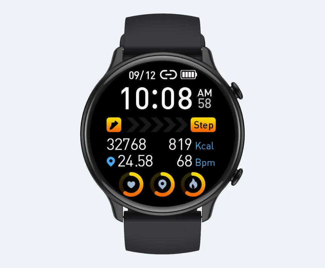 Round smart sports watch with touch screen and silicone strap showing heart rate display