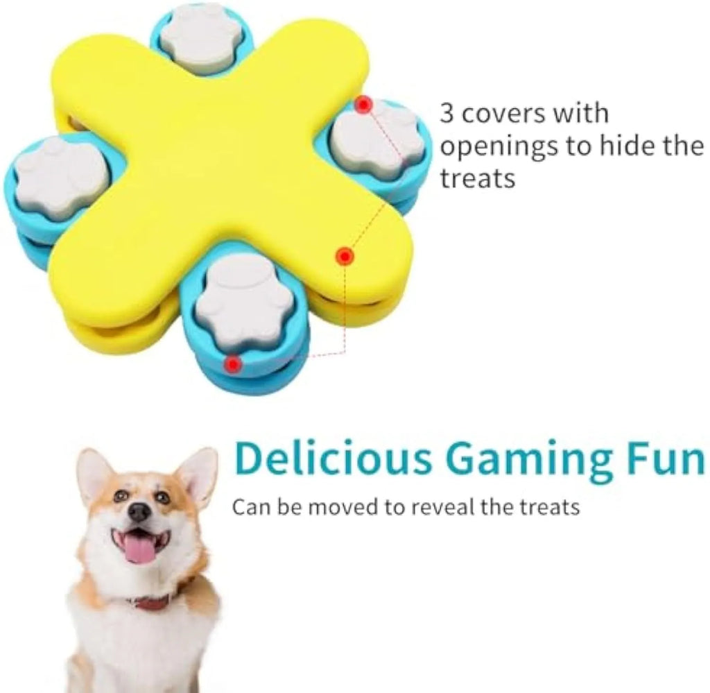 Yellow three-layer rotating dog puzzle feeder toy with non-slip base for slow feeding and IQ training.