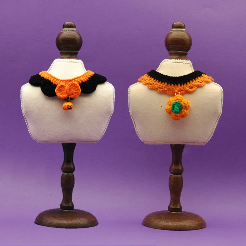 Hand crocheted Halloween pet collar in wool with adjustable sizing for dogs and cats