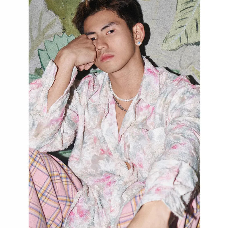 Men's floral long sleeve shirt with embossed three-dimensional pattern in loose fit