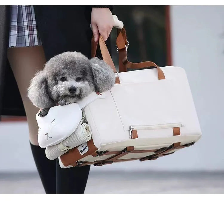 Hard-sided beige pet carrier with one shoulder strap, dimensions 43x25x22.5cm for pets to 15kg