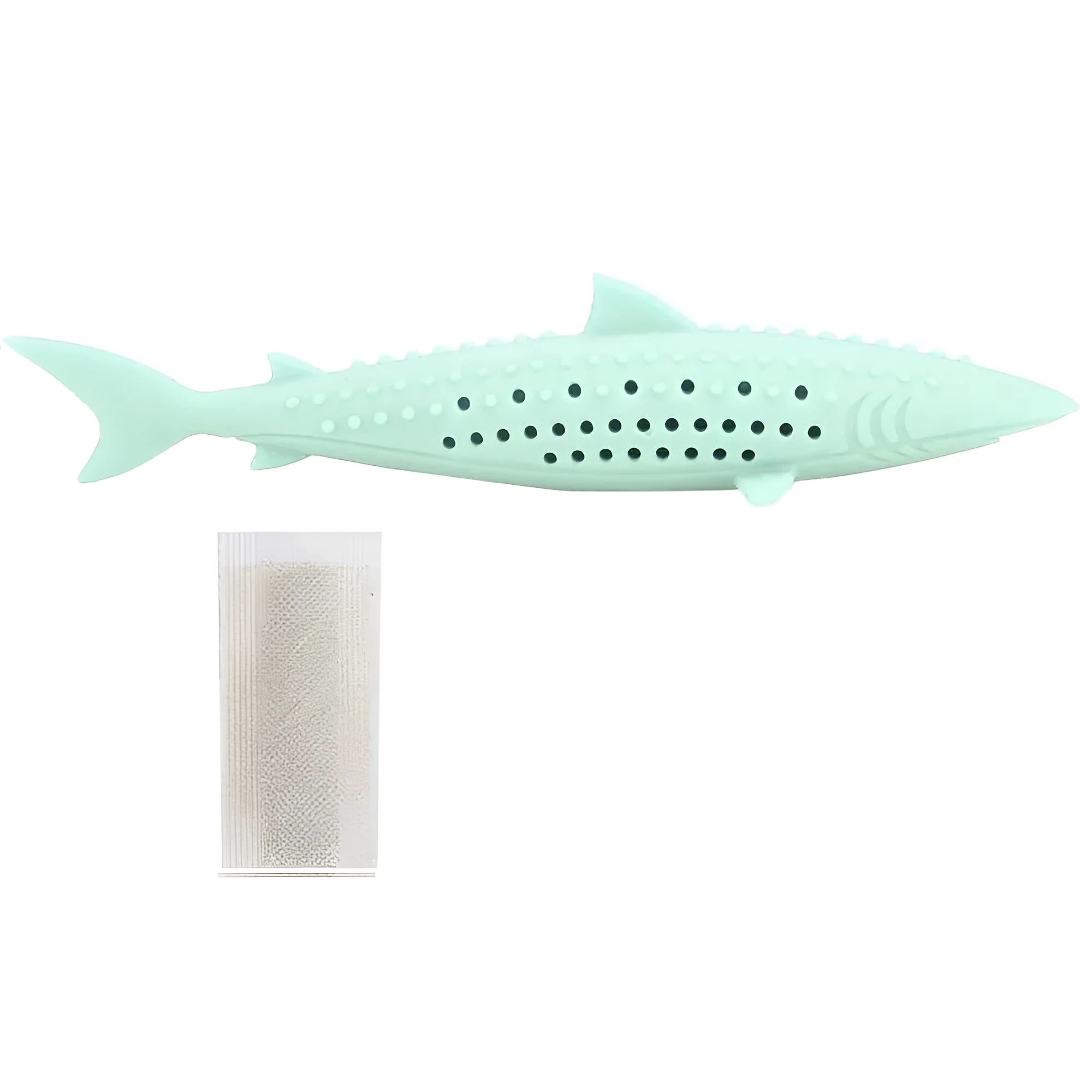 Silicone fish-shaped cat chew toy with breathable holes in green, pink, or purple colours