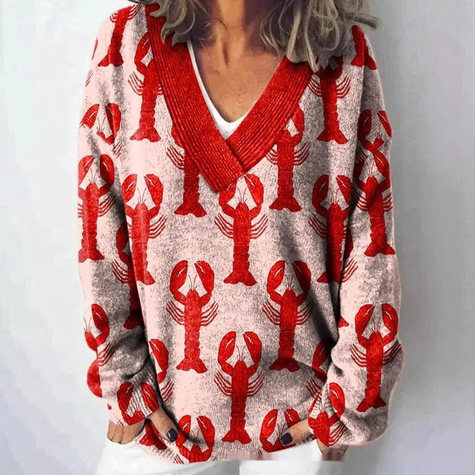 Women's V-neck long sleeve sweatshirt with a detailed 3D floral pattern print in art retro style.