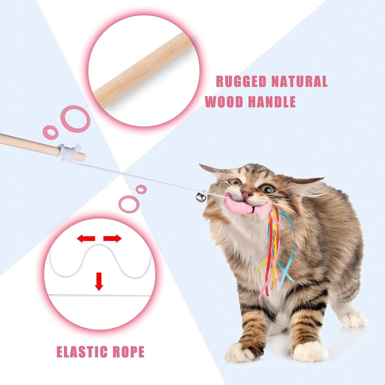 Interactive cat wand toy with wooden handle, colourful ribbons, catnip fish, and a bell.