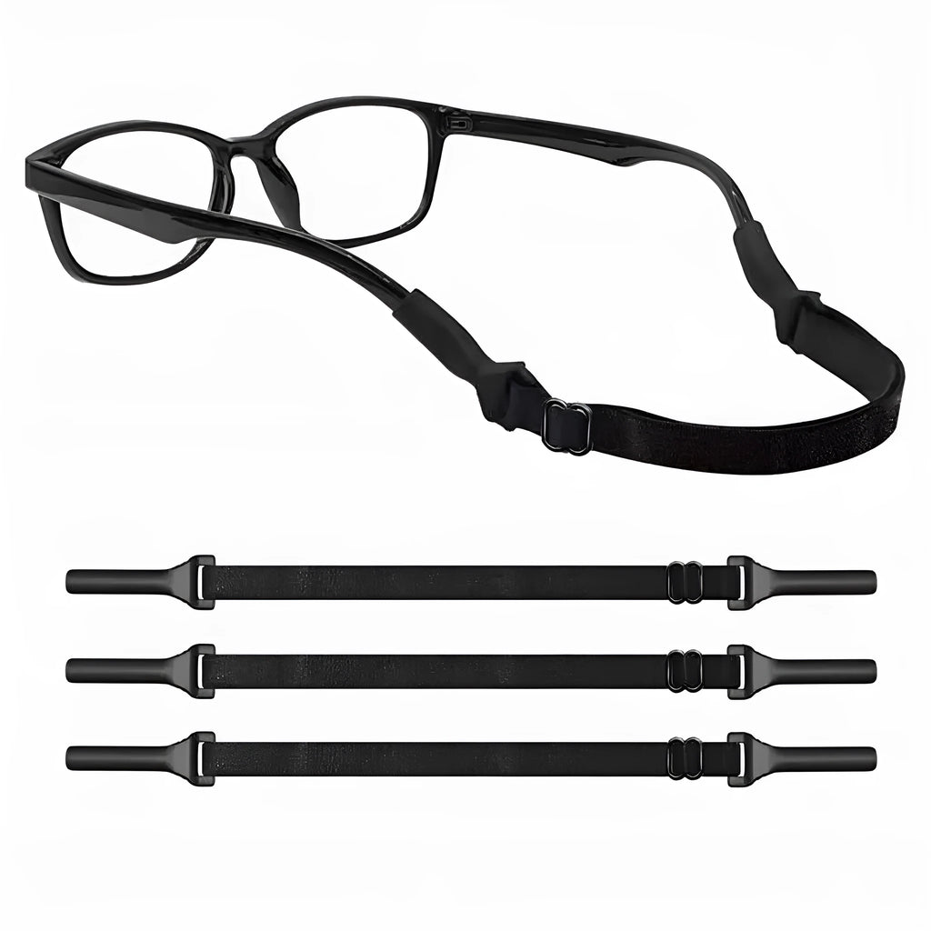 Black adjustable glasses cord with silicone ends and anti-skid fibre rope for eyewear retention