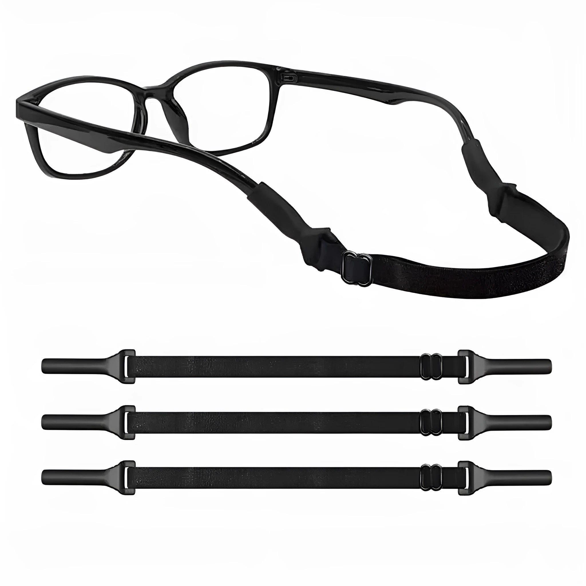 Black adjustable glasses cord with silicone ends and anti-skid fibre rope for eyewear retention