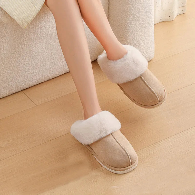 Brown women's plush indoor slippers with round toe, stitching detail, and flat non-slip sole.