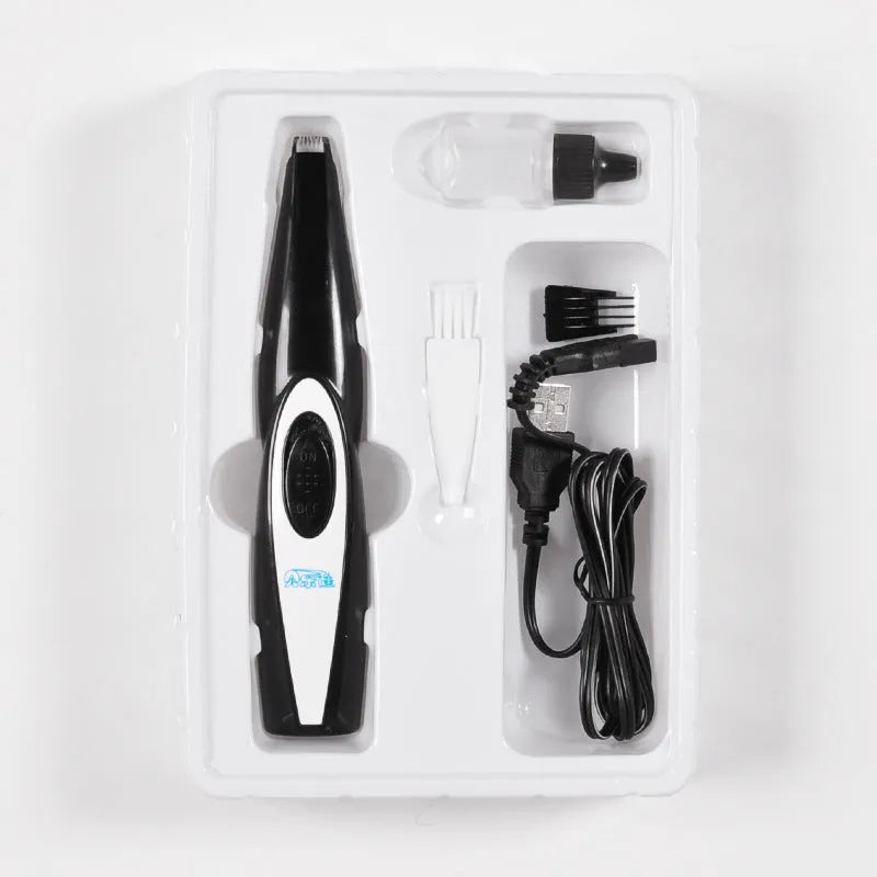 Black USB rechargeable pet hair trimmer clipper for cats and dogs with ceramic blade and cleaning brush