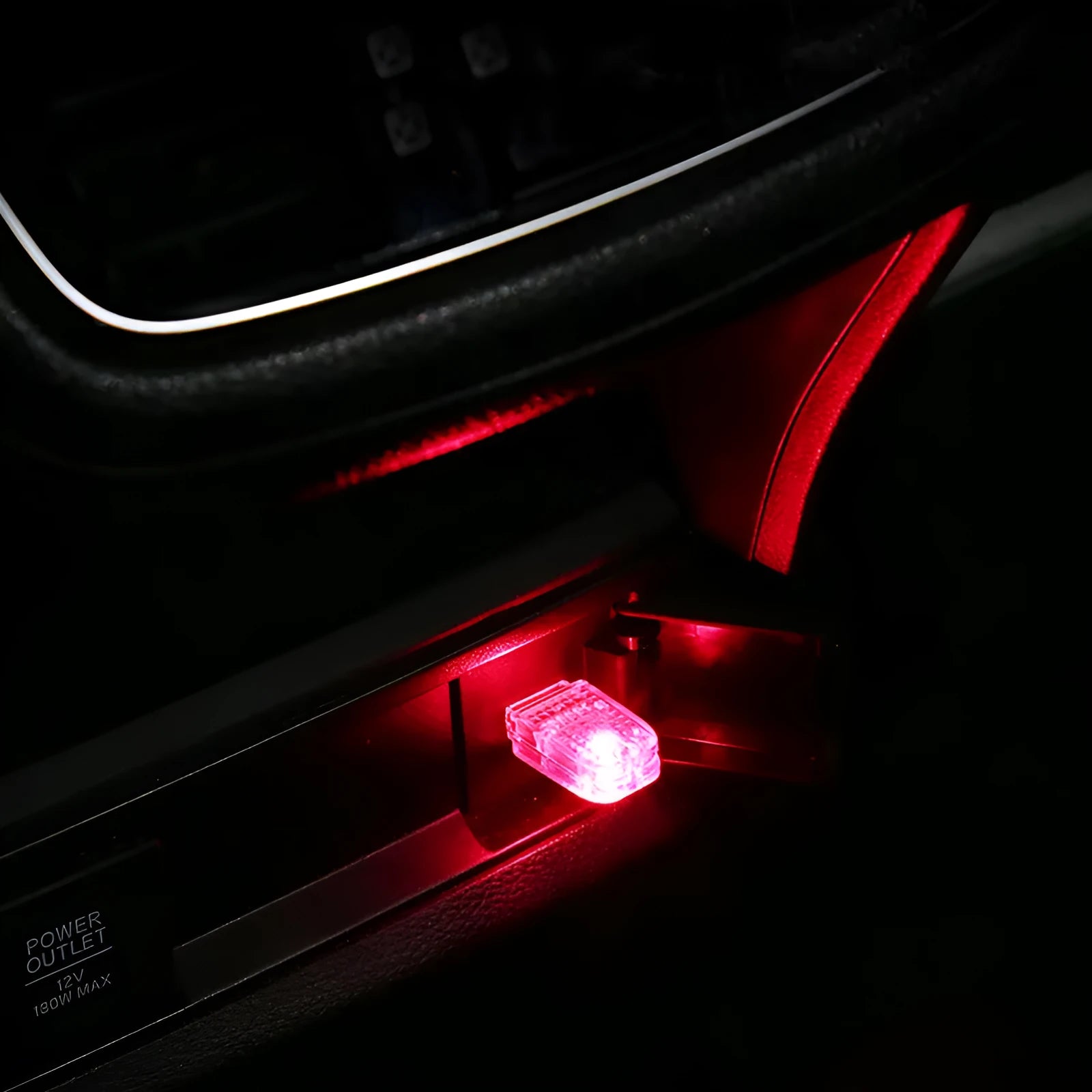 Multi-function USB car atmosphere light showing RGB and solid colour modes on a dashboard.