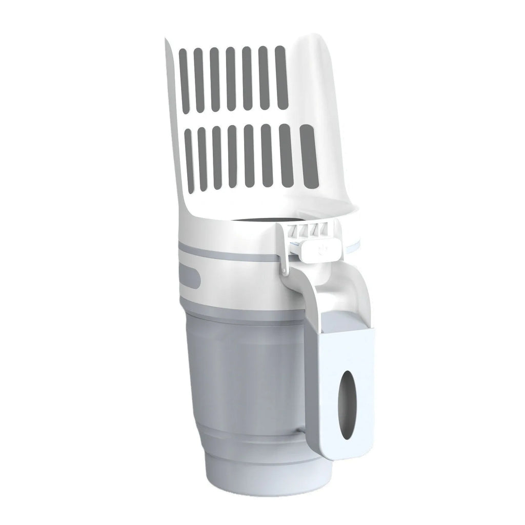 Grey cat litter scoop attached to a waste bin with a lid, showing foldable bottom and non-slip handle.