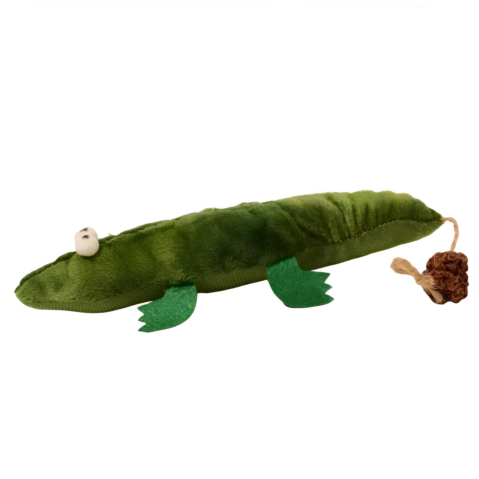 Green plush alligator catnip toy with plant-based materials and natural peppermint scent