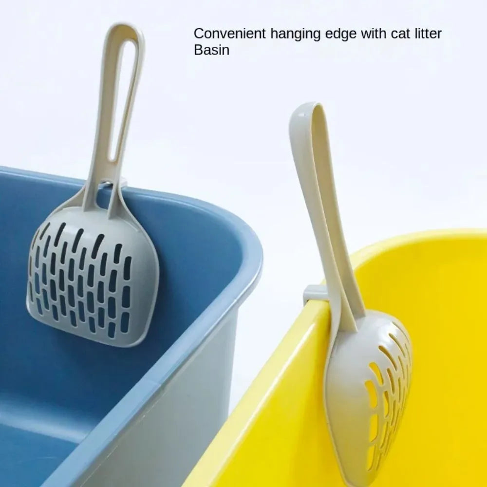 Grey plastic cat litter scoop with a detachable waste-catching base on a white background.