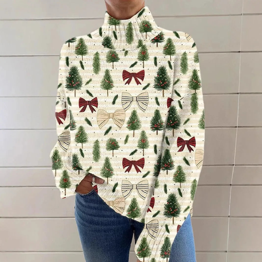 Women's Christmas printed turtleneck sweater showing painting pattern and loose fit