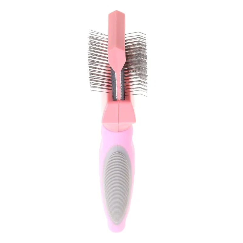 Double-sided stainless steel pet brush with blue handle showing both flexible and firm pin sides
