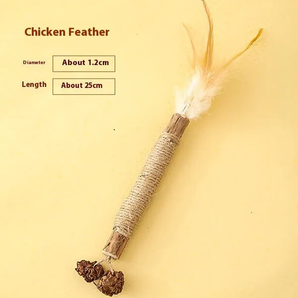 Natural wood cat teething chew rod with Lafite grass and catnip, 2.2cm diameter, shown with raffia scarecrow style