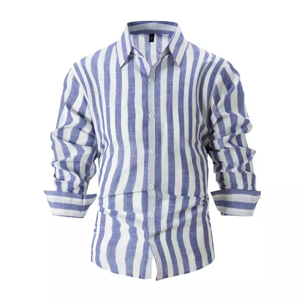 Men's yarn-dyed striped casual shirt in British style cardigan cut with loose fit long sleeves
