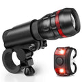 Bicycle headlight and red taillight set with mounting brackets on a bike.