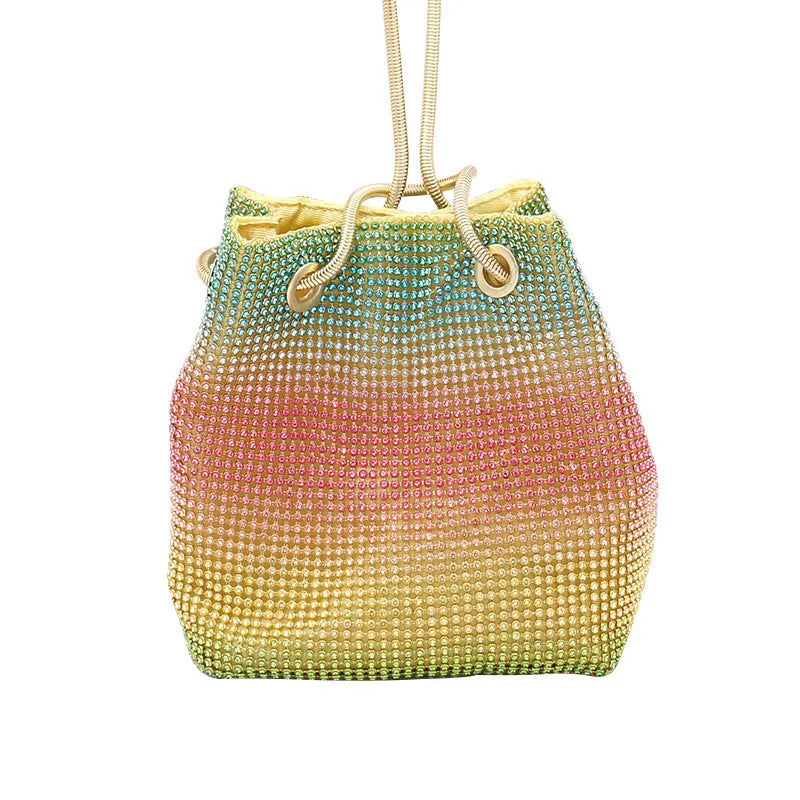 Rainbow coloured rhinestone sparkling soft fabric bucket bag with crossbody strap