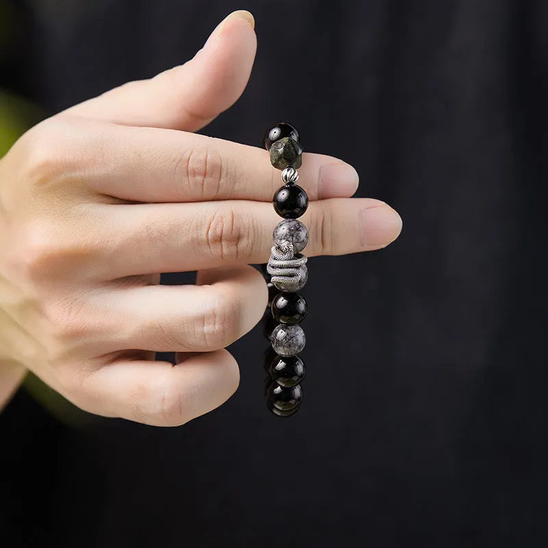 Men's retro snake bracelet in 925 sterling silver with 10mm obsidian black hair crystal