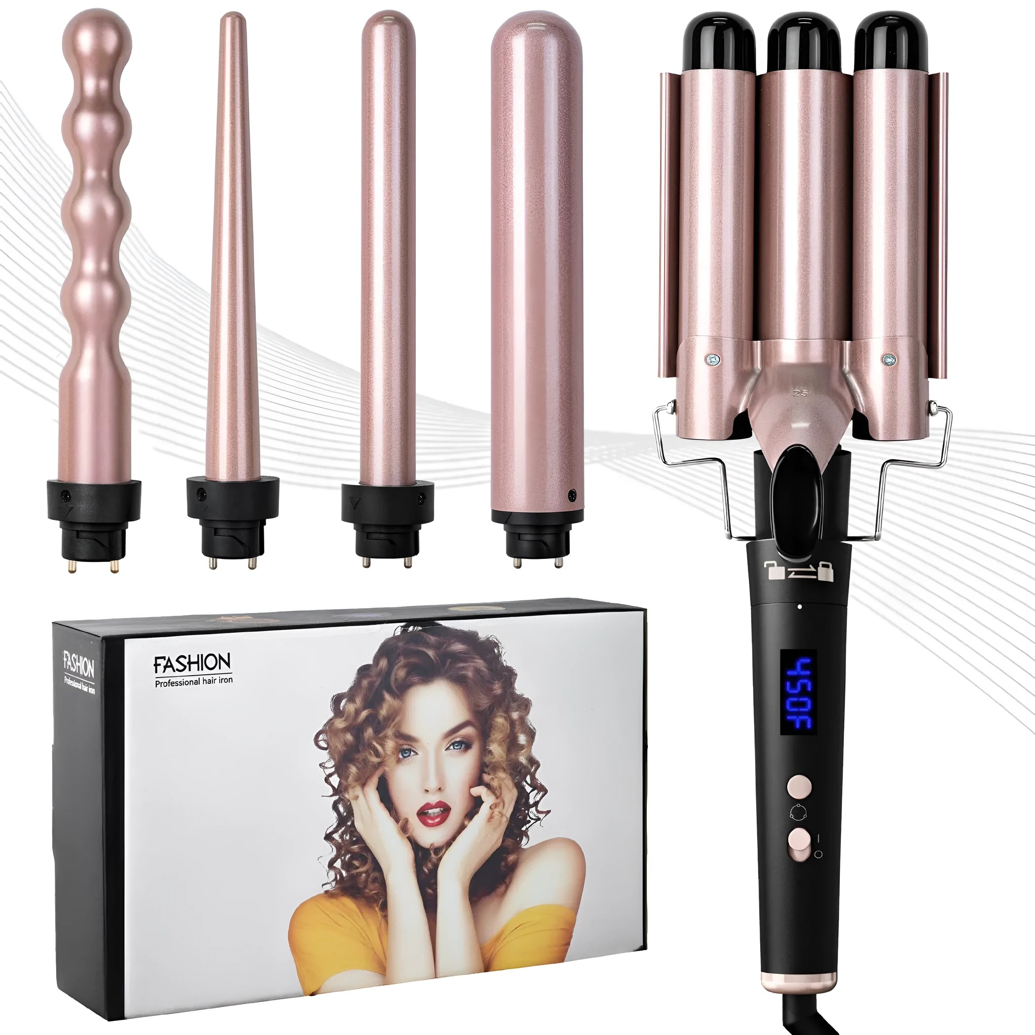 Rose gold negative ion hair curler with LCD screen and five interchangeable styling tubes