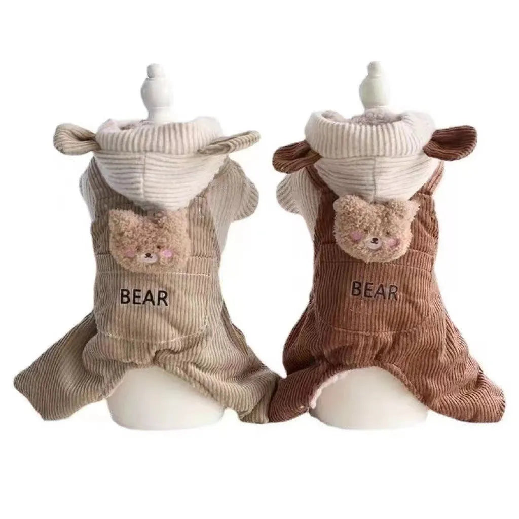 Fleece-lined pet dog overalls in milk coffee bear style for small medium dogs