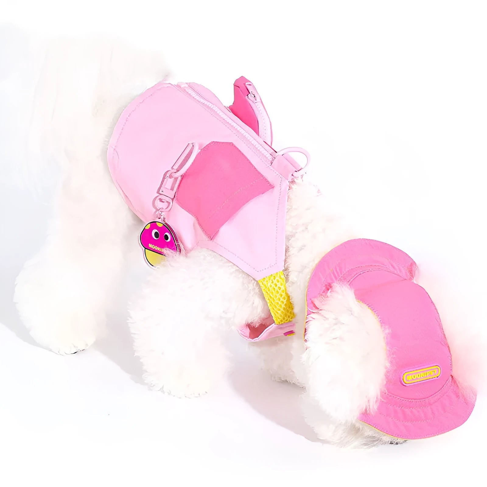 Pink lightweight polyester vest for small dog breeds on a white background.