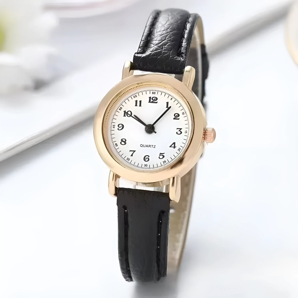 Female student Korean style cute literary thin strap small dial couple watch with round alloy case and imitation leather strap