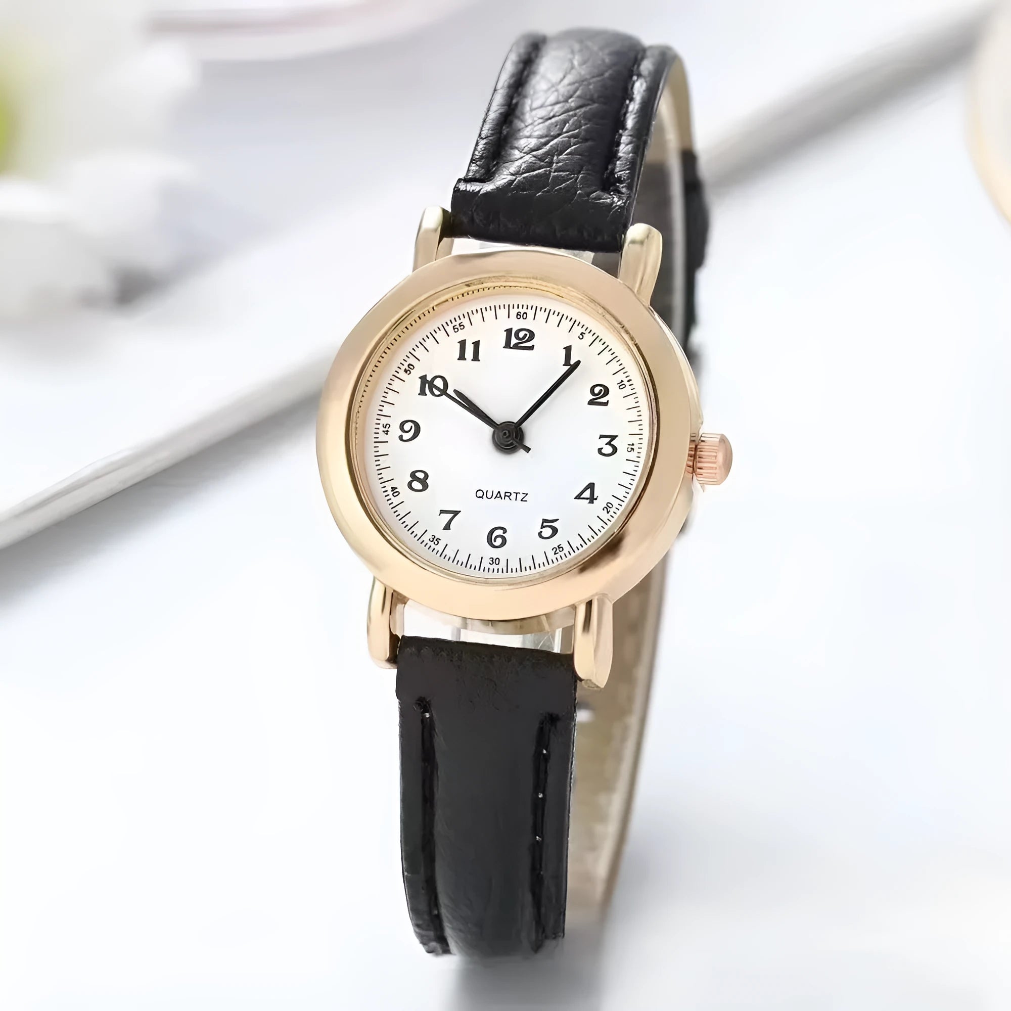 Female student Korean style cute literary thin strap small dial couple watch with round alloy case and imitation leather strap