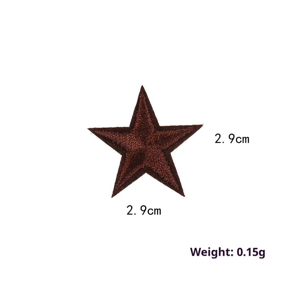 Colourful embroidered five-pointed star designs on cloth sticker labels for DIY clothing customisation.