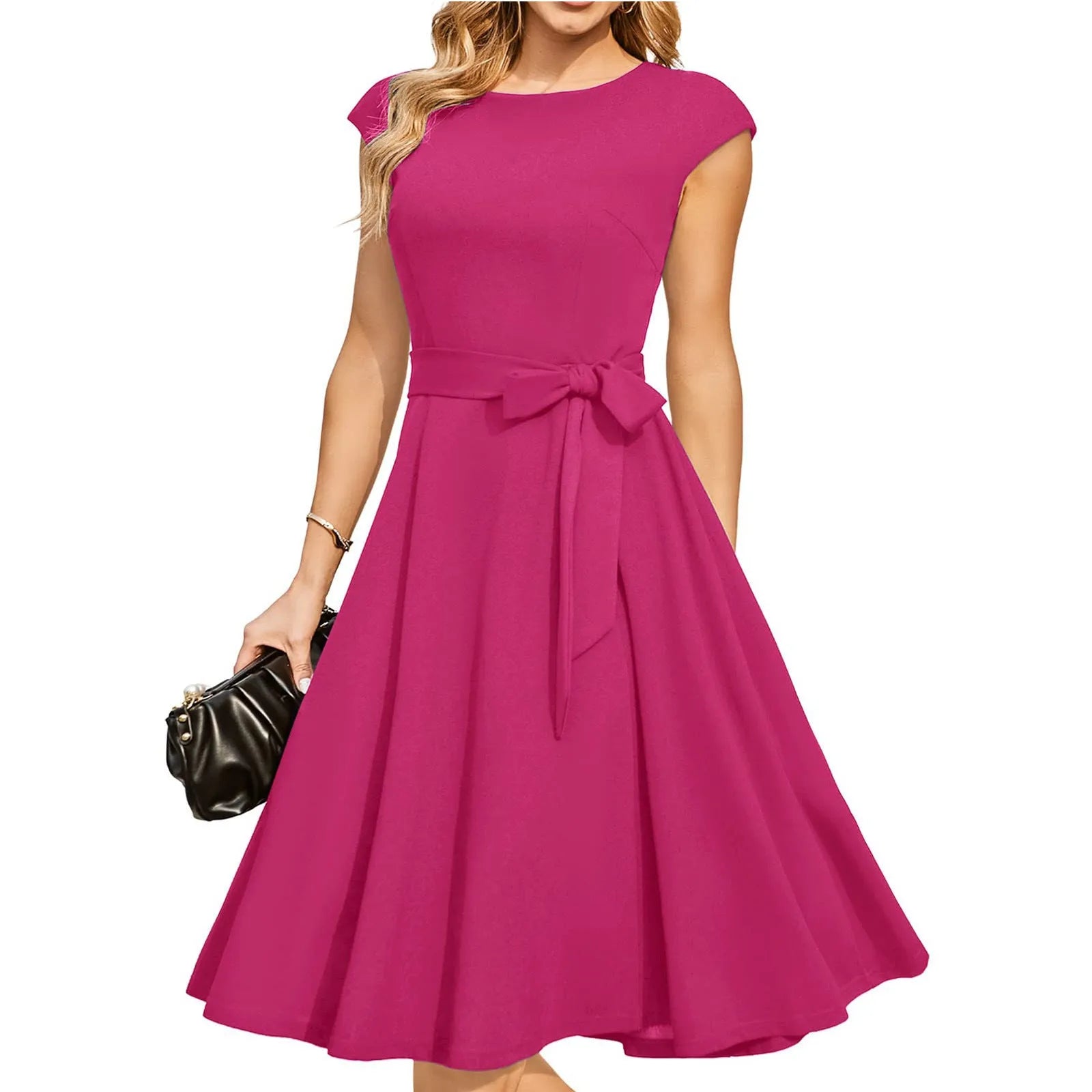 Women's sleeveless lace-up waist party dress with oversized swing mid-length skirt