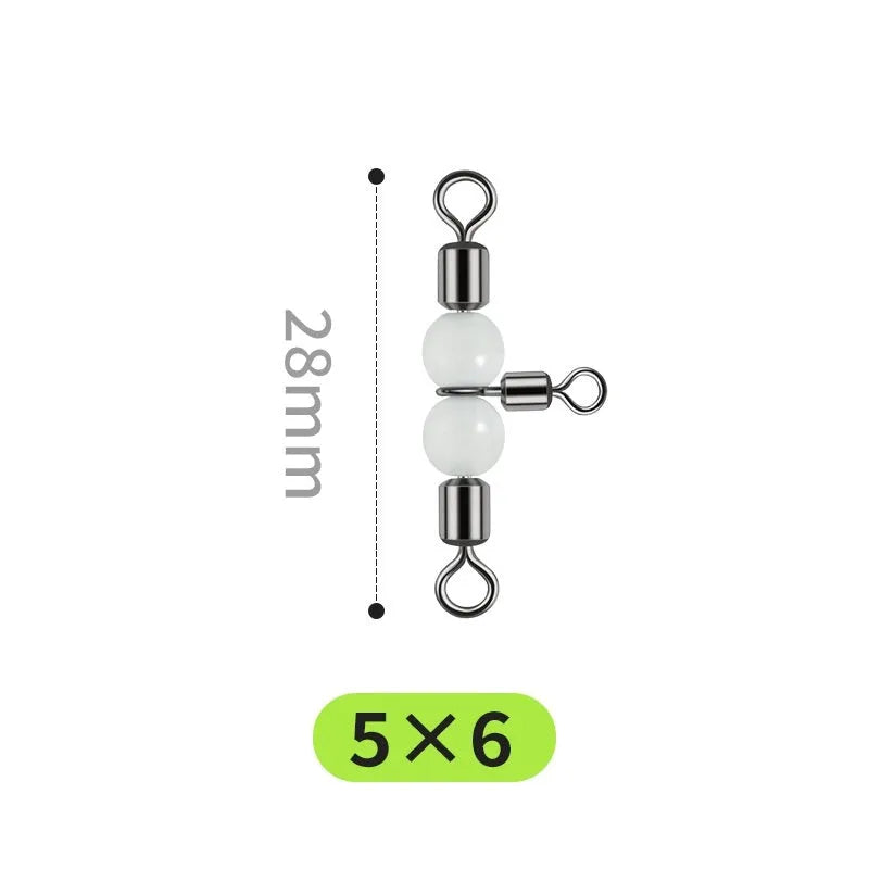 Copper fishing lure accessories showing luminous swivel beads with T-type balance fork rings in multiple sizes