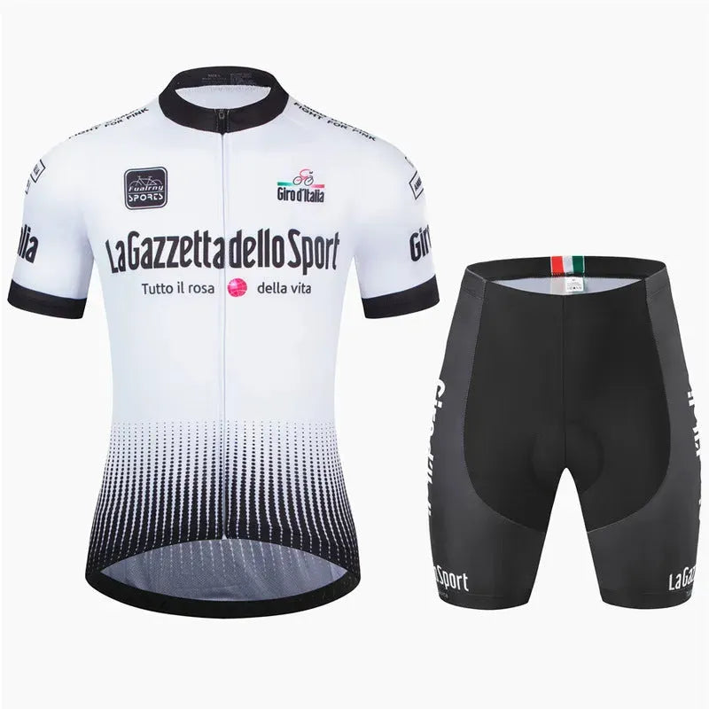 Unisex short sleeve cycling suit in row pattern design, made from quick-dry polyester fabric.