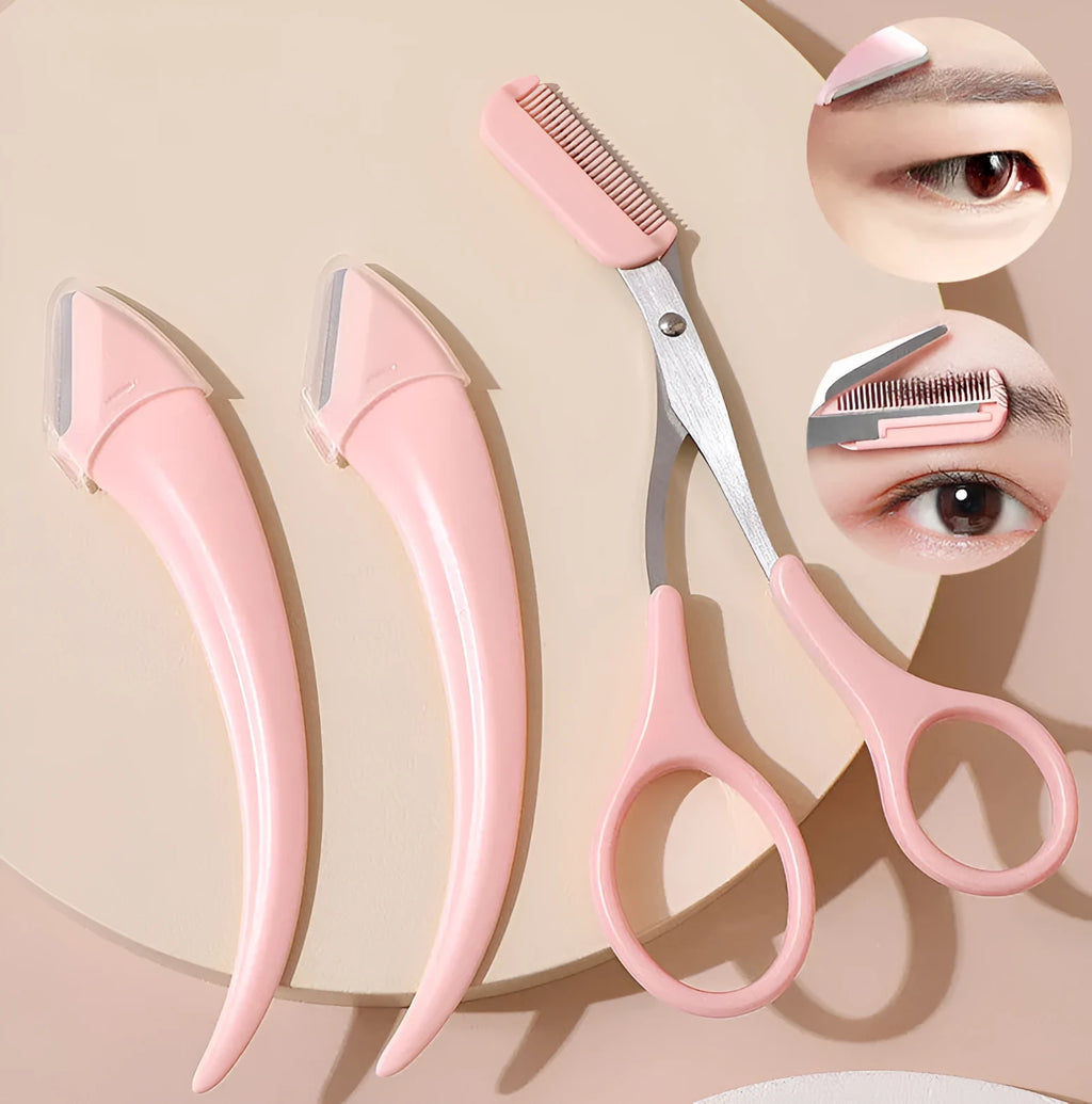 Close-up of a white and pink eyebrow trimming knife with a small comb attached on a plain background.