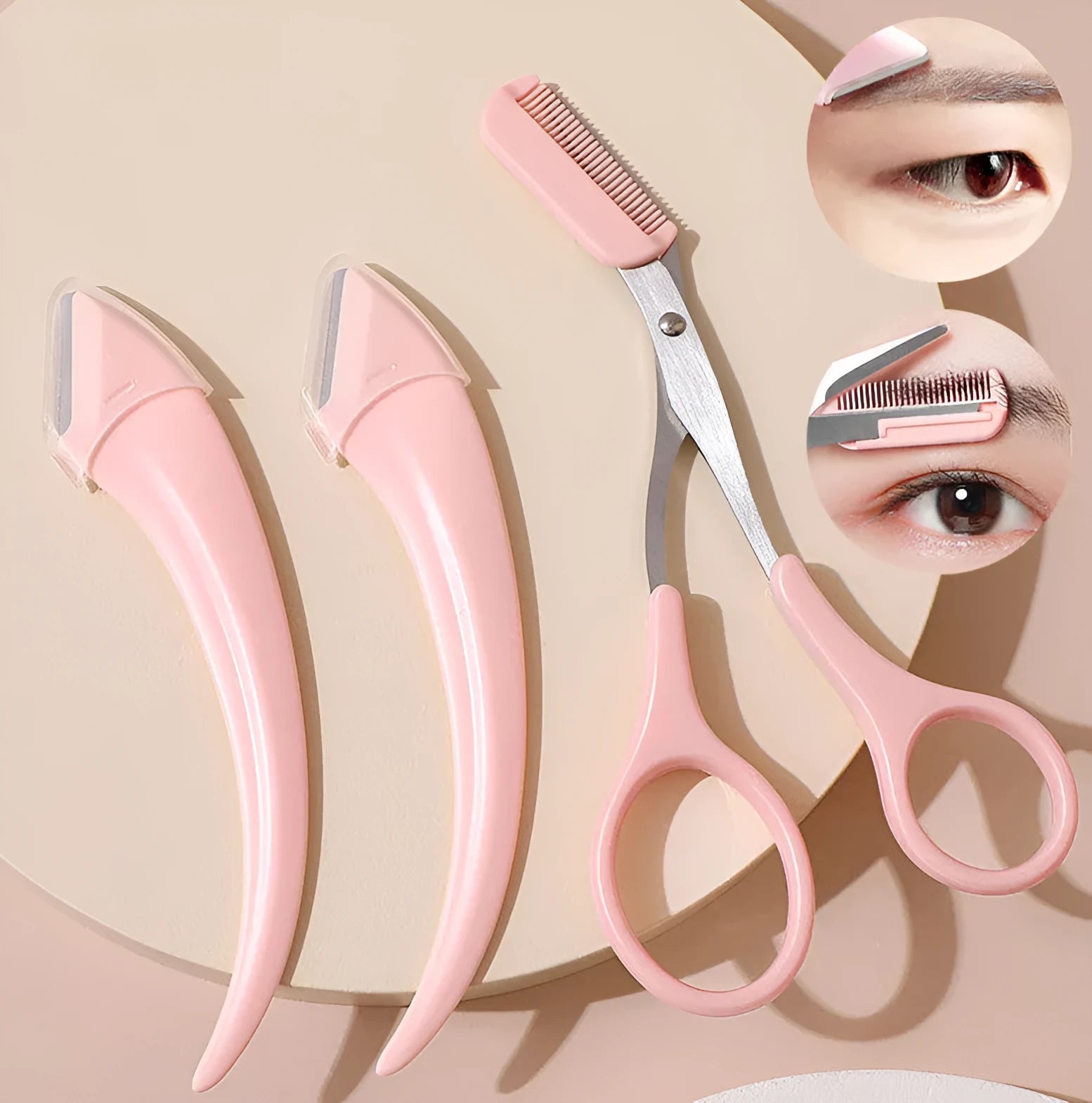 Close-up of a white and pink eyebrow trimming knife with a small comb attached on a plain background.