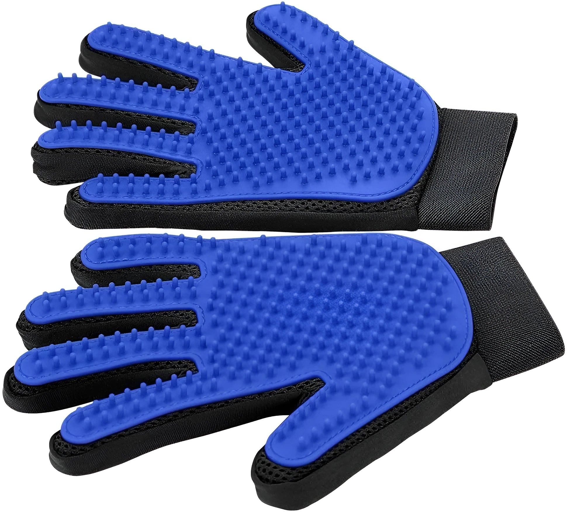 Blue pet grooming gloves with silicone tips for brushing and bathing dogs and cats.