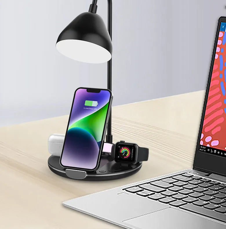 Black and white magnetic folding wireless charger open as stand showing USB connection