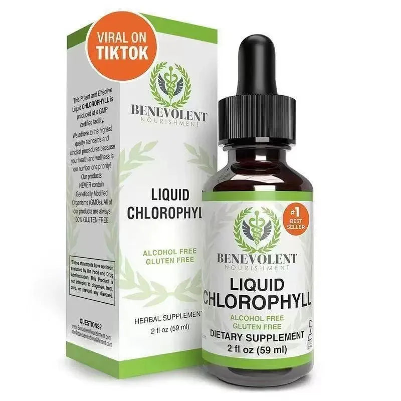 A 60ml glass bottle of green liquid chlorophyll drops with a black dropper for adult dietary supplement use.
