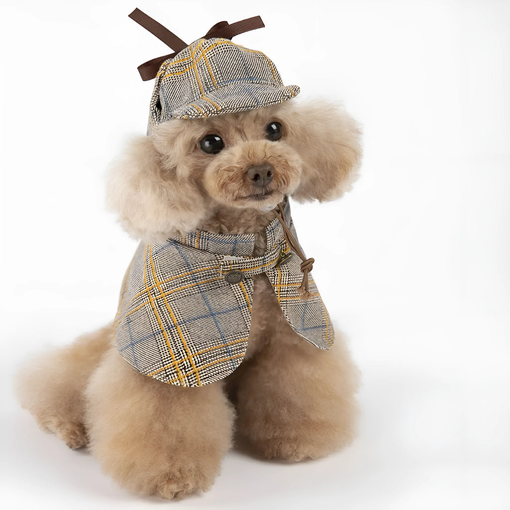 Camel-coloured cotton pet cloak with an adjustable hood, shown on a model dog.