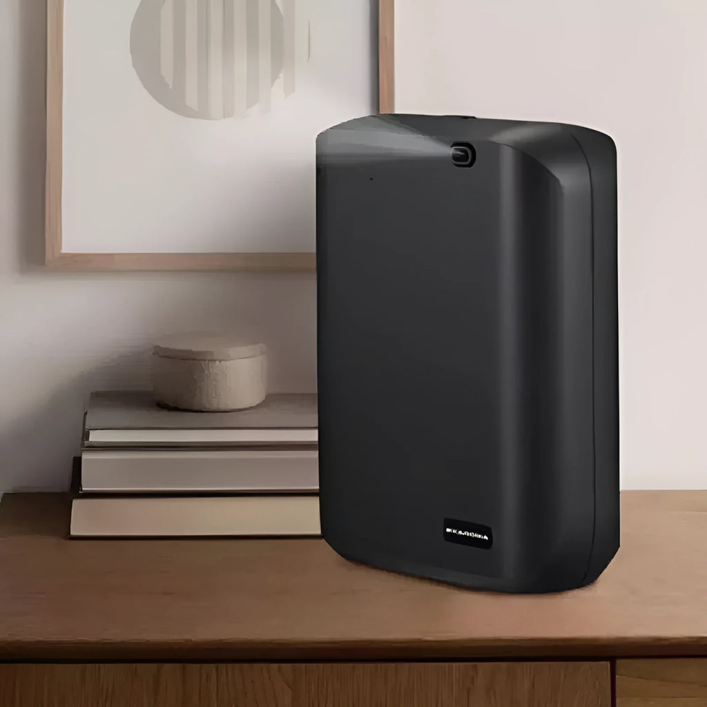 White HVAC wall-mounted essential oil diffuser with 150ml capacity and mobile app control features
