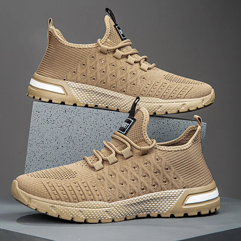 Men's solid colour casual shoes with mesh upper in army green, shown from side perspective.