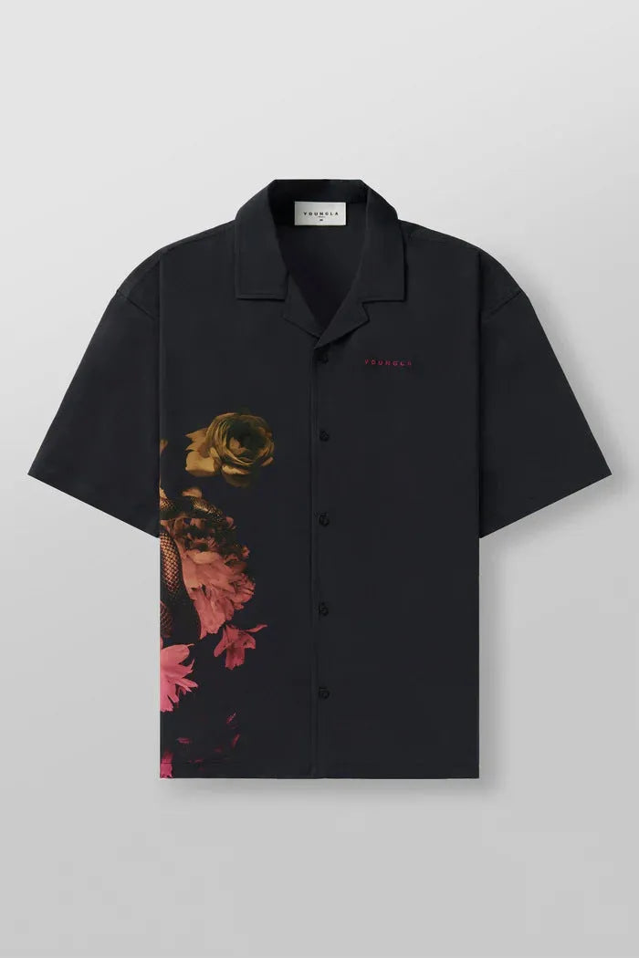Men's printed casual top with flower pattern, loose cardigan style, and short sleeves in elastic polyester fabric