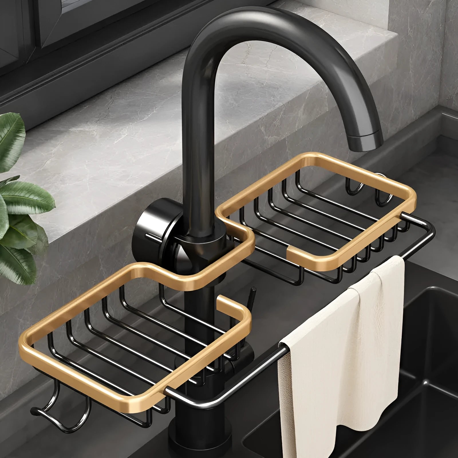 Kitchen storage faucet rack drain basket in space aluminium with no-punching attachment mounted over tap